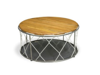 A Re-Engineered Round Rope Table. The top is supported on metal rods and the design is finished with white rope cross-crossing from base to top.