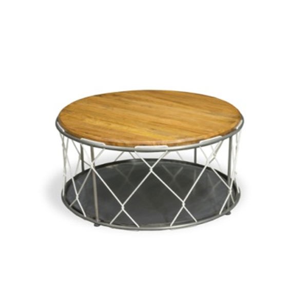 A Re-Engineered Round Rope Table. The top is supported on metal rods and the design is finished with white rope cross-crossing from base to top.