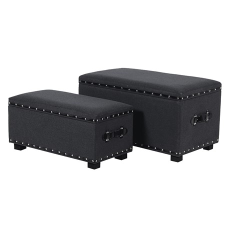 This Set of 2 Dark Grey Felt Ottoman are just perfect for extra storage for that bedroom set. Upholstered in a dark Grey Felt with Silver Studding Detail.