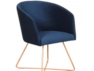 See the new Fremont Tub Chair in your dining collection?This piece comes upholstered in blue fabric with bronze polished metal legs for support.