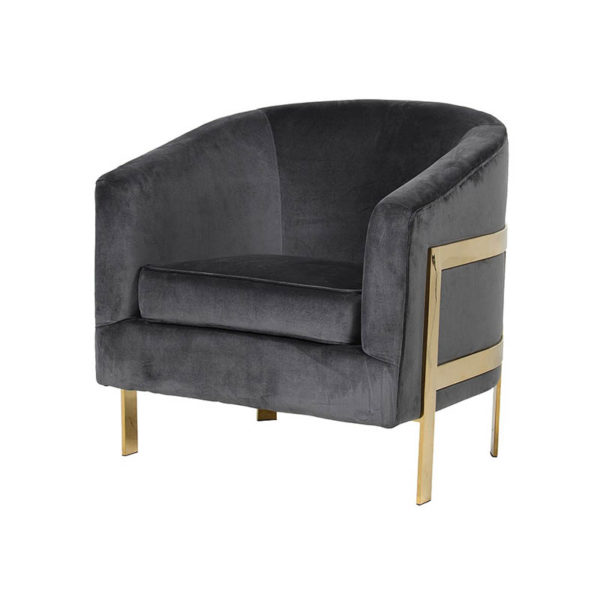 See this Gold Frame Velvet Club Chair in your seating collection? The piece comes upholstered in grey velvet fabric with a gold frame for added elegance.