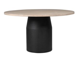 Washed oak round dining table with black pedestal base