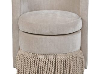 Marlowe taupe fringed swivel chair with curved back