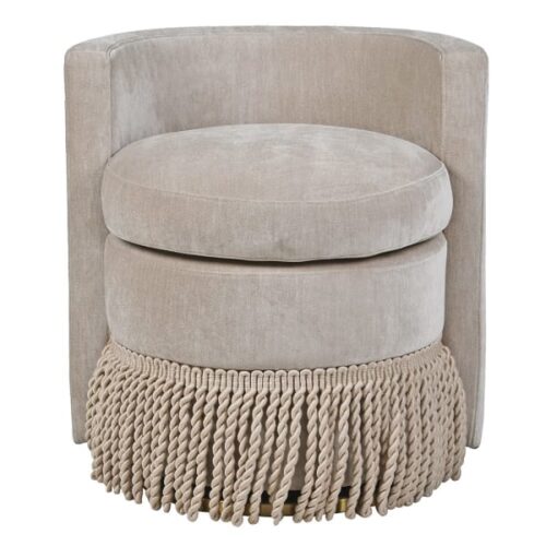 Marlowe taupe fringed swivel chair with curved back