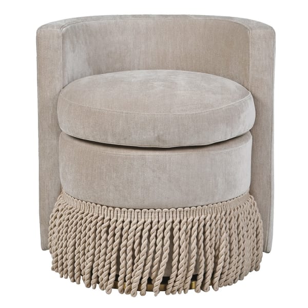 Marlowe Taupe Fringed Swivel Chair Marlowe taupe fringed swivel chair with curved back