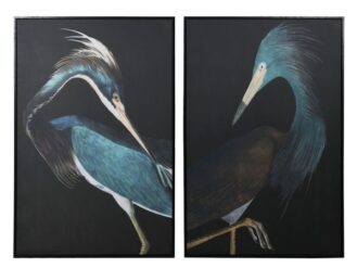 Midnight blue crane framed canvas duo against a black background
