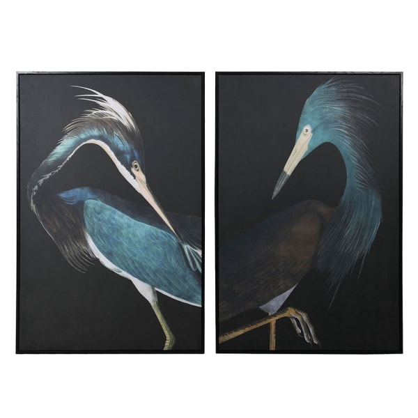 Midnight Blue Crane Canvas Duo – Detail Midnight blue crane framed canvas duo against a black background