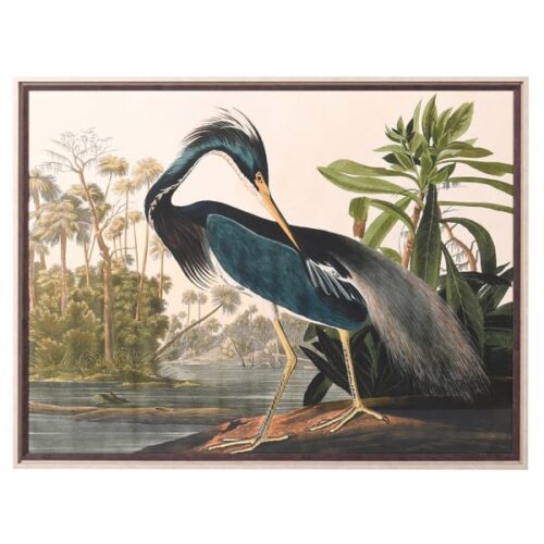 A striking vintage-inspired framed print featuring an elegant teal heron within a lush tropical landscape. Its generous 105cm width makes it a beautiful statement piece.