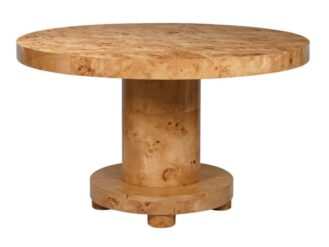 Round burl wood dining table with sculptural pedestal base