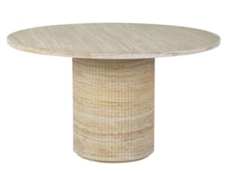 Alba Round Travertine-Effect Dining Table with fluted pedestal