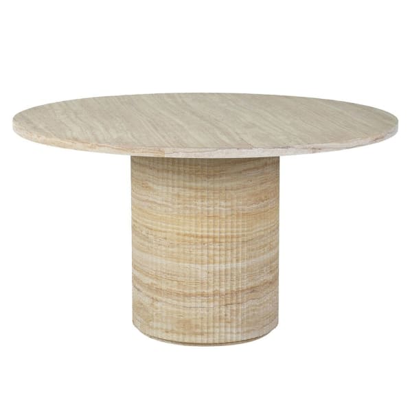 The Alba Round Travertine-Effect Dining Table Alba Round Travertine-Effect Dining Table with fluted pedestal